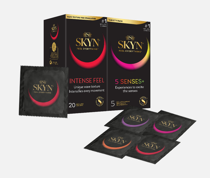 SKYN® Intense Feel Non Latex Condoms - 2 x 10 Pack of 20 + Free 5 Pack of SKYN 5 Senses Condoms SKYN® Intense Feel Non Latex Condoms - 2 x 10 Pack of 20 + Free 5 Pack of SKYN 5 Senses Condoms