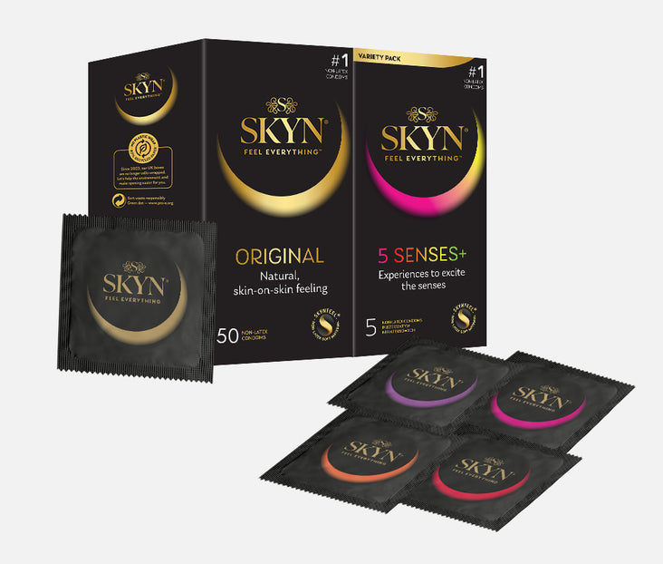 SKYN® Original Non Latex Condoms - 5 x 10 Pack of 50 + Free 5 Pack of 5 Senses SKYN® Original Non Latex Condoms - 5 x 10 Pack of 50 + Free 5 Pack of 5 Senses