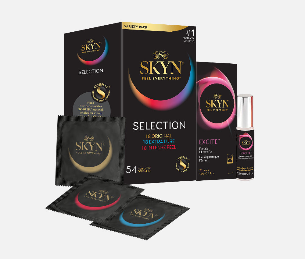 SKYN® SELECTION 54 PACK OF NON LATEX CONDOMS WITH FREE ORGASMIC GEL FOR HER