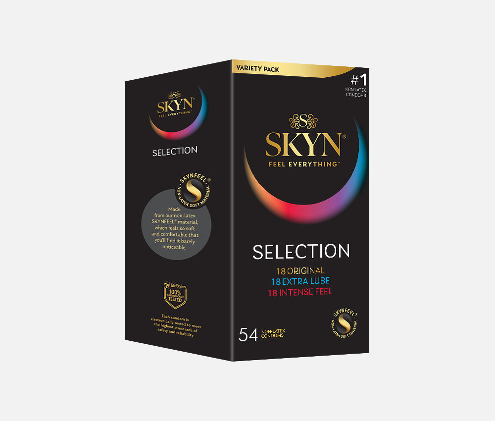 SKYN® SELECTION 54 PACK OF NON LATEX CONDOMS WITH FREE ORGASMIC GEL FOR HER
